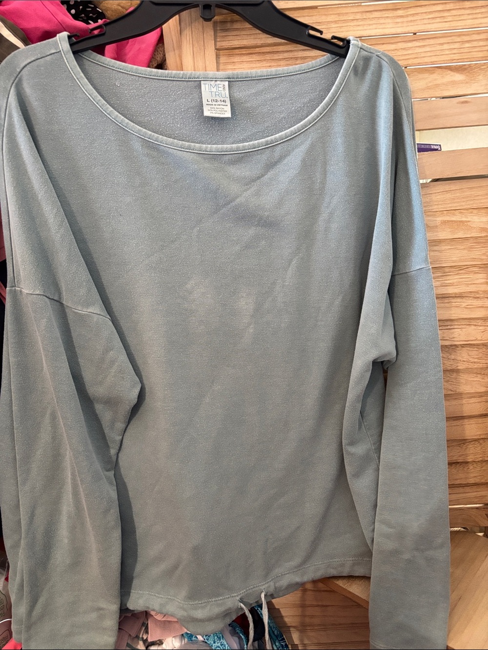 Time and Tru Muted Sage Green Drawstring Hem Pullover Large